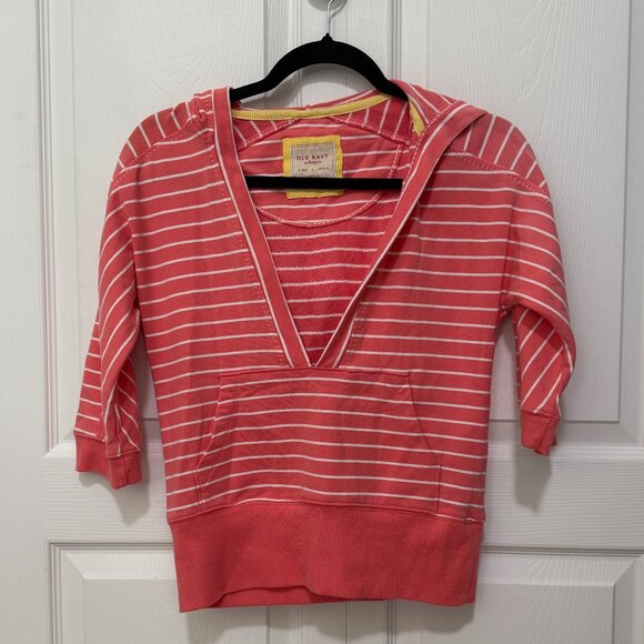 Old Navy Sweaters - Women Old Nav V Neck Stripped Mid Length Hoodie Sweater in Cherry Red Size Large
